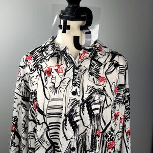 3X Karl Lagerfeld Womens Plus Art Graphic Long Sleeve Button Down Top Blouse